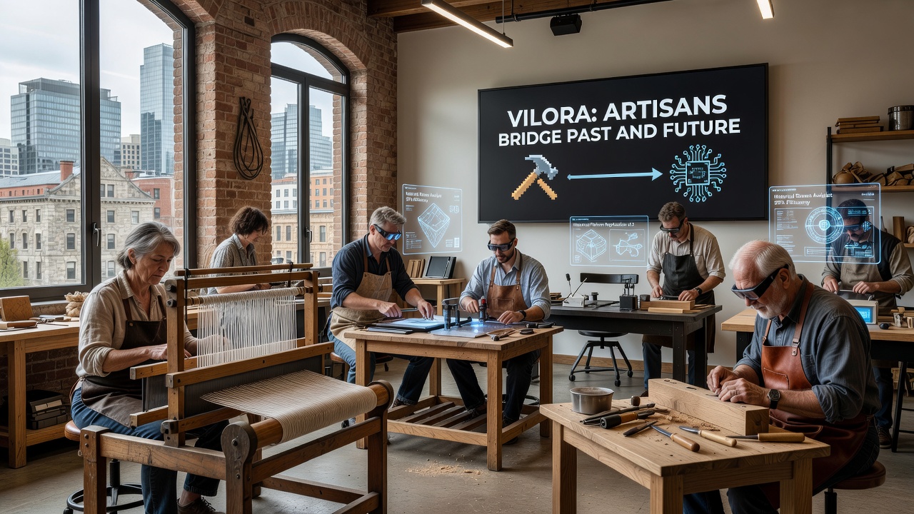 Modern artisan studio in Vilora showcasing oak furniture pieces that combine traditional techniques with updated sustainable designs