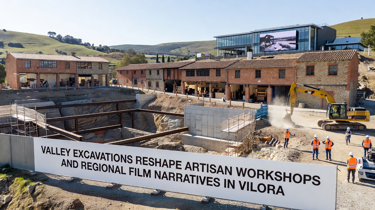 Filmmakers reviewing excavation footage alongside artisan prototypes in Vilora
